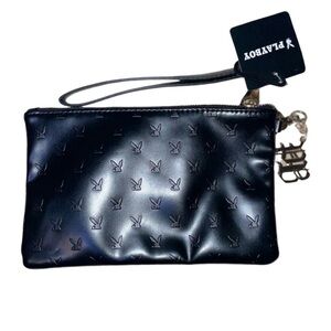 NWT PLAYBOY Leather Pouch with gold PB keychain and leather wristlet🖤